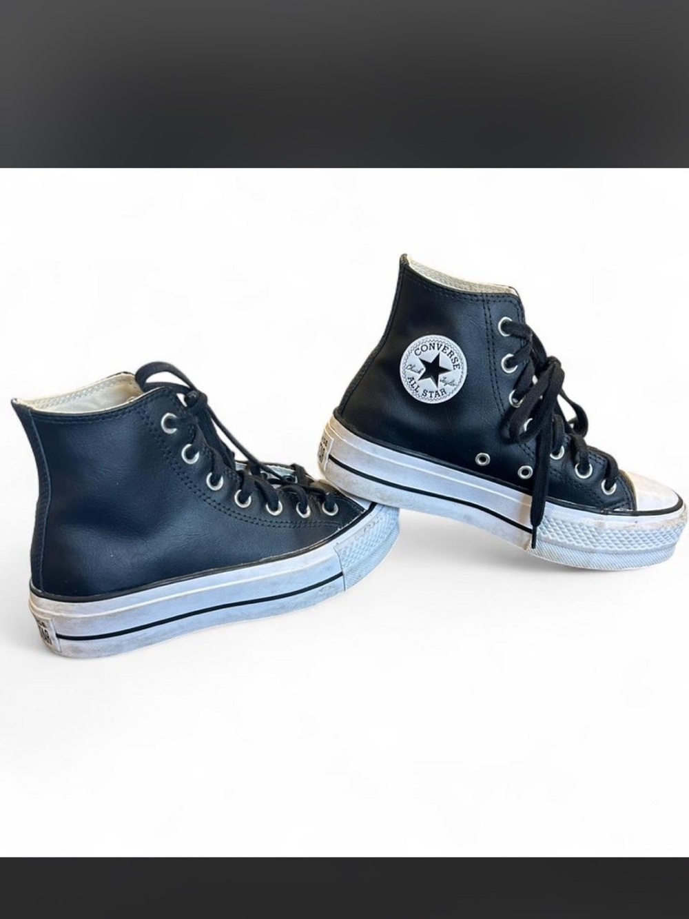 Converse Black Faux Leather High Top Sneakers with White Trim
